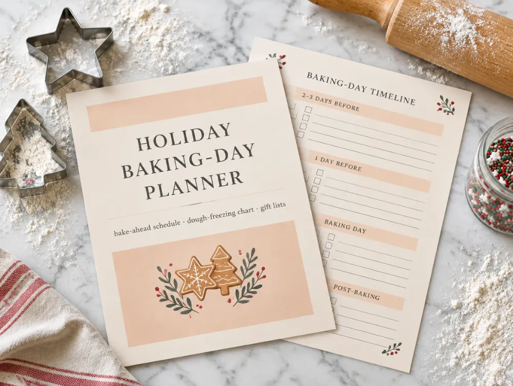 A printed Holiday Baking-Day Planner on a floured marble counter with cookie cutters
