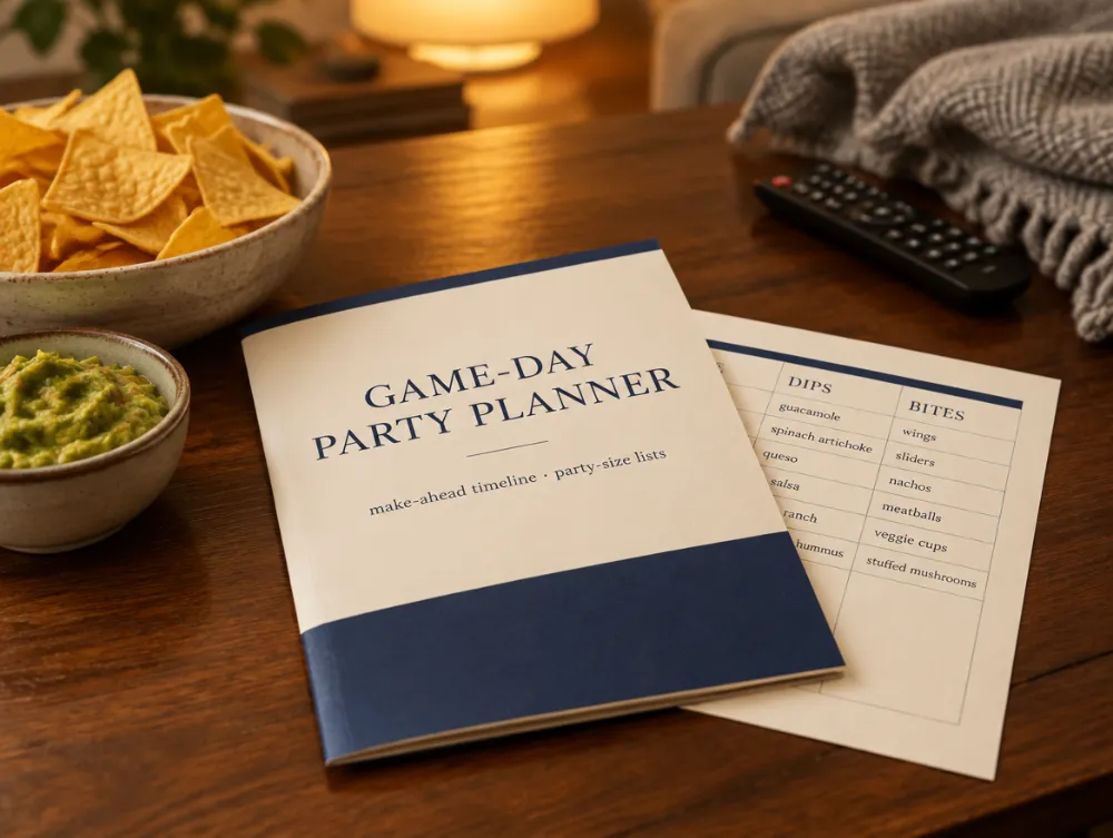A printed Game-Day Party Planner on a coffee table beside chips and dip