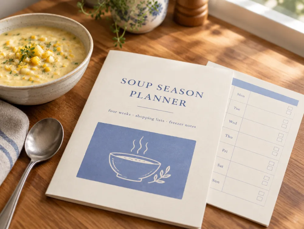 A printed Soup Season Planner on a wooden counter next to a bowl of chowder