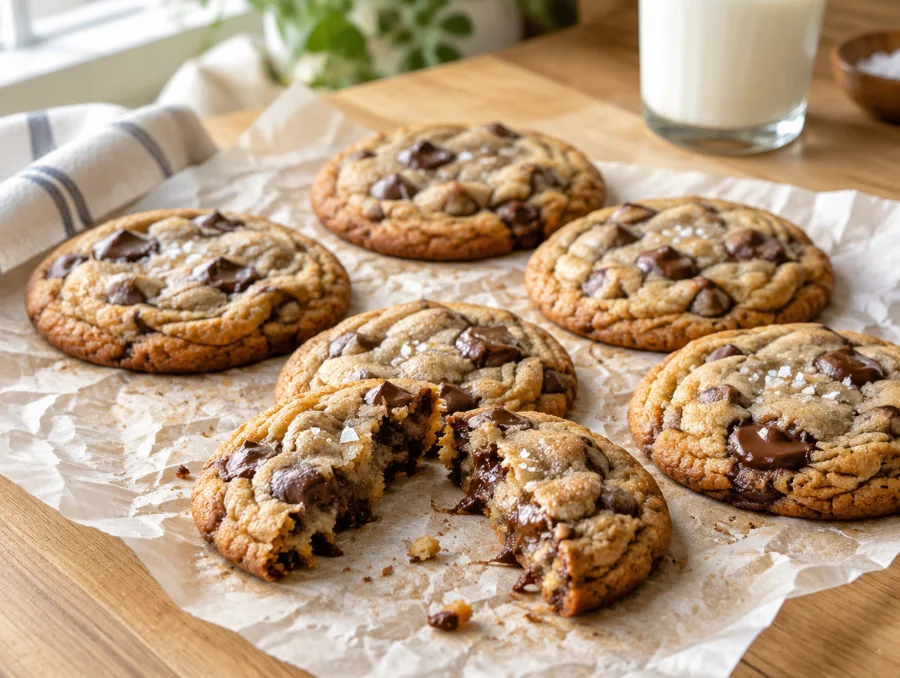 Brown butter chocolate chip cookies cooling on parchment