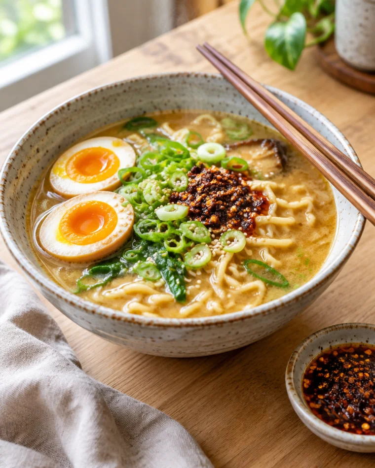 A bowl of miso ramen with a halved jammy egg, scallions and chili crisp, chopsticks resting on the rim